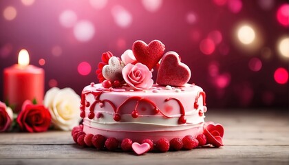 Valentine day cake decoration with soft focus light and bokeh background