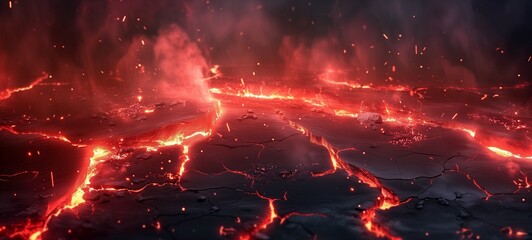Fototapeta na wymiar Dramatic volcanic scene with molten lava flowing through ground cracks, casting a fiery glow against a dark, rugged terrain.