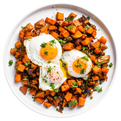 plate of sweet potato hash with fried eggs isolated on transparent background Remove png, Clipping Path, pen tool