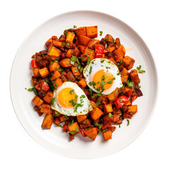 plate of sweet potato hash with fried eggs isolated on transparent background Remove png, Clipping Path, pen tool - obrazy, fototapety, plakaty