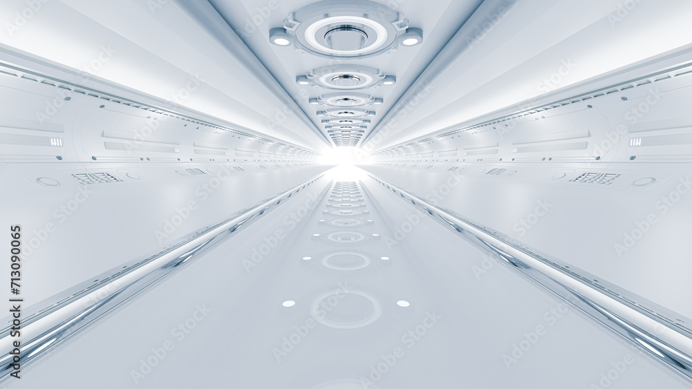 Poster science lab or sci-fi corridor white color. science elements and innovation background. 3d render.