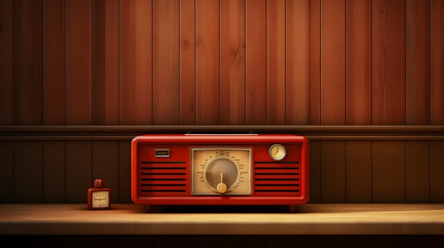 Vintage red radio receiver on wood table. Wallpaper