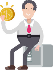Office Worker Character Sitting on Safe and Holding Idea bulb
