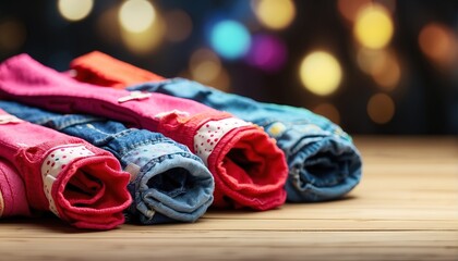 Various colorful kid jeans. decoration with soft focus light and bokeh background