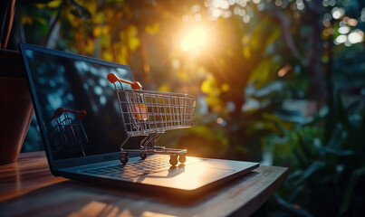 Shopping cart on laptop keyboard, in garden at sunset - obrazy, fototapety, plakaty