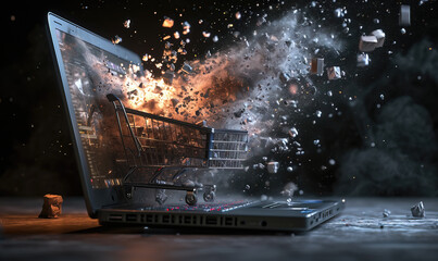 Exploding shopping cart on top of laptop keyboard