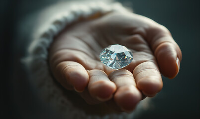 Close-up Woman holding precious diamond in palm of hand - obrazy, fototapety, plakaty