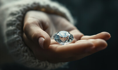 Close-up Woman holding precious diamond in palm of hand
