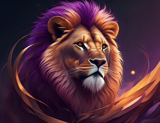 Kopf eines Löwen im leichten Profil mit lila Mähne