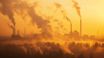 Industrial smokestacks emitting fumes at dawn.
