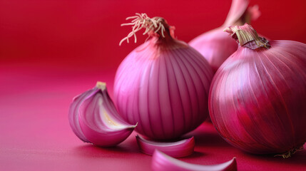 Red onions on a vibrant red background.