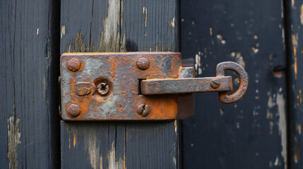 Rusty latch on a black wooden door.