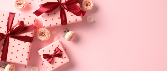 Happy Valentine's Day banner design. Top view gift boxes with red ribbon bows, roses flowers on...