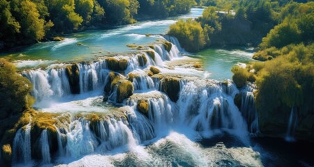 Amazing nature landscape, aerial view of the beautiful waterfall cascade, famous Skradinski buk, one of the most beautiful waterfalls in Europe and the biggest in Croatia, outdoor travel.