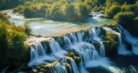 Naklejka na ściany i meble Amazing nature landscape, aerial view of the beautiful waterfall cascade, famous Skradinski buk, one of the most beautiful waterfalls in Europe and the biggest in Croatia, outdoor travel.