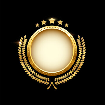 Gold shiny circle medal, laurel wreath with stars vector illustration. Chrome shining round badge prize for winner, award trophy nominee luxury symbol, nomination reward emblem on black background