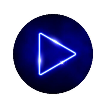 Neon blue play button 3d vector illustration. Abstract shiny circle ring on black background with glowing triangle. Play icon, Press to start. Multimedia, audio, video, cinema, music