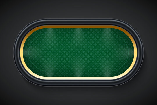Poker green table background vector illustration. Realistic playing field with gold frame for game blackjack on black background. Casino concept