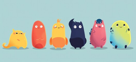 Colorful cartoon monsters in row for children's book illustration. Creative design. - obrazy, fototapety, plakaty