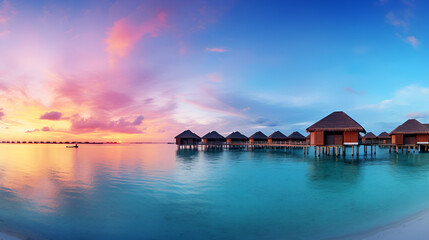 sea, beach, water, maldives, ocean, sunset, island, sky, resort, tropical, house, bungalow, hotel, nature, villa, travel, vacation, lagoon Generative AI     