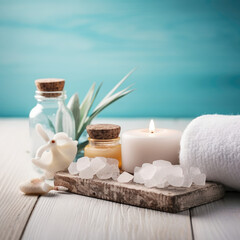 Serene Spa Setting With Candles, Salt, and Towel