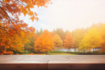 Naklejka na ściany i meble Empty blank wooden table fall background with autumn trees orange yellow color leaves backdrop forest or park nature scene abstract blurred bokeh tabletop for product display desk mockup. Copy space.