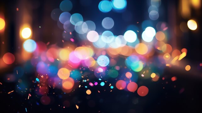 Multicolor bokeh, raining light, blurry lights, blurry background, rainbow confettis on a black background, colorful, night lights, city lights, haze,