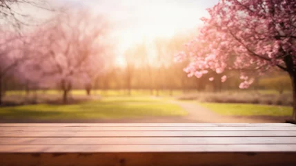 Foto op Canvas Wooden table spring nature bokeh background, empty wood desk product display mockup with green park sunny blurry abstract garden backdrop landscape ads showcase presentation. Mock up, copy space. © Synthetica