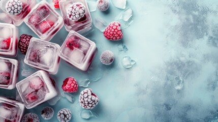 Fototapeta na wymiar Frozen raspberries and blackberries in ice cubes on a marble surface.