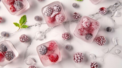 Frozen raspberries in ice cubes on a white marble background.