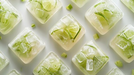 Lime slices and mint frozen in ice cubes on a marbled background.