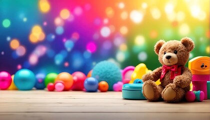 Various colorful kid toy decoration, with soft focus light and bokeh background - obrazy, fototapety, plakaty