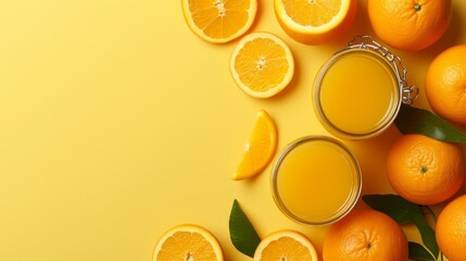 Fresh orange juice and oranges on a yellow background with drops of juice. Healthy food and dieting - obrazy, fototapety, plakaty