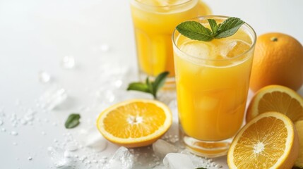 Orange juice with mint and ice on a white background, garnished with a slice of orange.