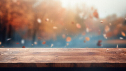 Empty blank wooden table fall background with autumn trees orange yellow color leaves backdrop forest or park nature scene abstract blurred bokeh tabletop for product display desk mockup. Copy space. - obrazy, fototapety, plakaty
