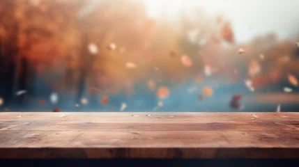 Fototapeten Empty blank wooden table fall background with autumn trees orange yellow color leaves backdrop forest or park nature scene abstract blurred bokeh tabletop for product display desk mockup. Copy space. © Synthetica
