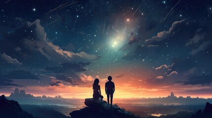 Romantic Anime Couple Stargazing: Watching the Night Sky