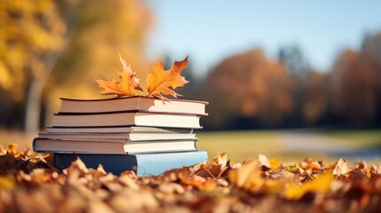 Books on autumn orange, yellow, purple leaves and blurry landscape and cloudy blue sky in background with copy space