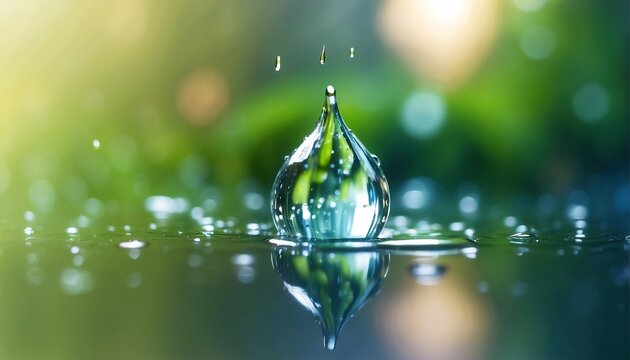 Water dew drop reflection. decoration with soft focus light and bokeh background