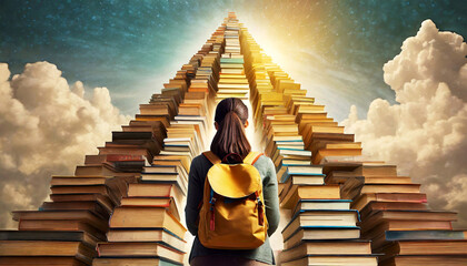 Rear view of a female student with her backpack on her shoulder, in front of a very high pile of books, in the shape of a pyramid towards the sky. Generative Ai.