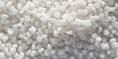 White PVC granulate background, recycled plastic granules, biodegradable plastic. Granules of eco-friendly plastic raw material at the factory - obrazy, fototapety, plakaty