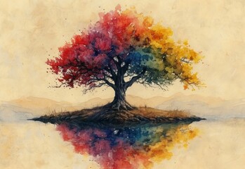 Colorful big tree, watercolor art. Retro vintage wallpaper. Tree of life illustration. Abstract watercolor background.