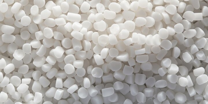White PVC granulate background, recycled plastic granules, biodegradable plastic. Granules of eco-friendly plastic raw material at the factory