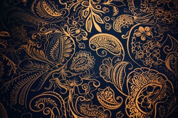 A luxurious paisley pattern in gold and black on a dark backdrop, exuding elegance and opulence. Generative AI.
