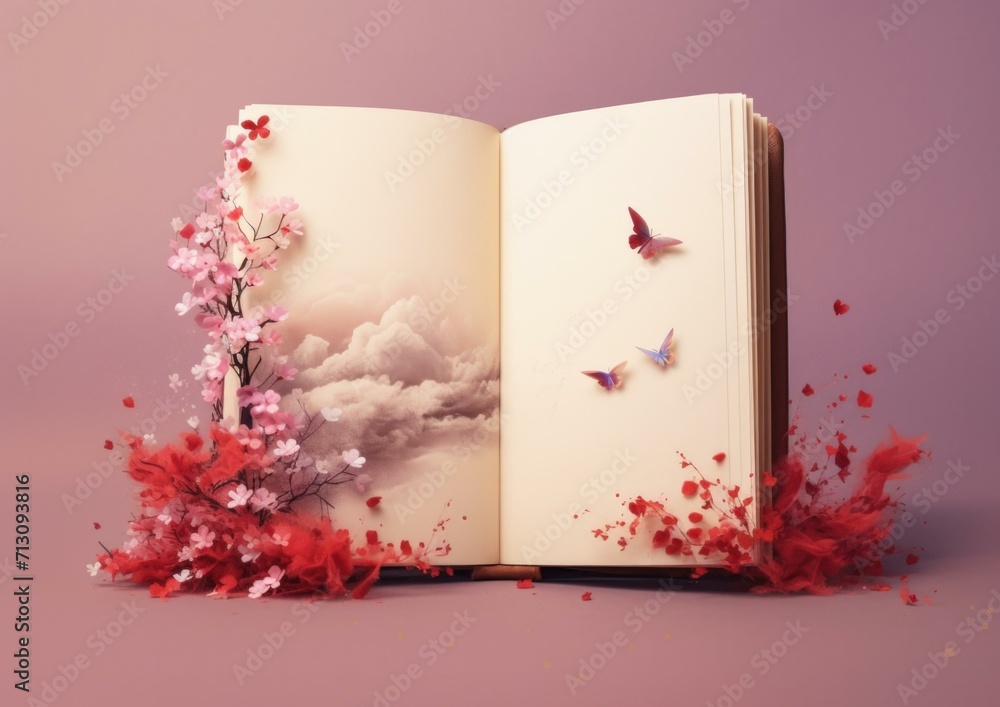 Poster an open book with butterflies and flowers on it. generative ai.