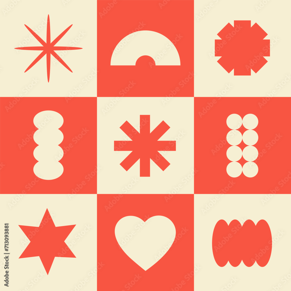 Poster Abstract seamless pattern with simple geometric shapes. Brutal background in style y2k, 00s. Red and beige colors. Modern collage vector illustration.