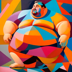 an abstraction, a very fat man painted in abstract colors. Eating disorder, body positivity. Generative ai