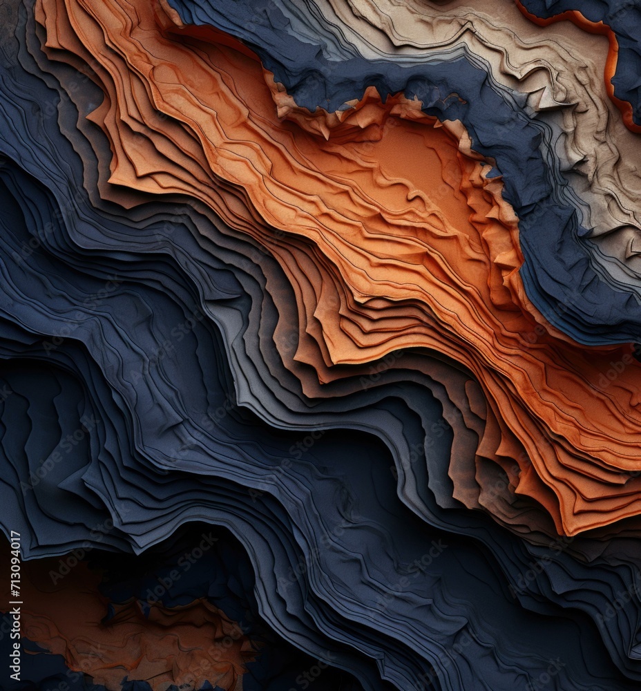 Poster a captivating blend of terracotta and navy blue, resembling a thermal image. abstract wave pattern o