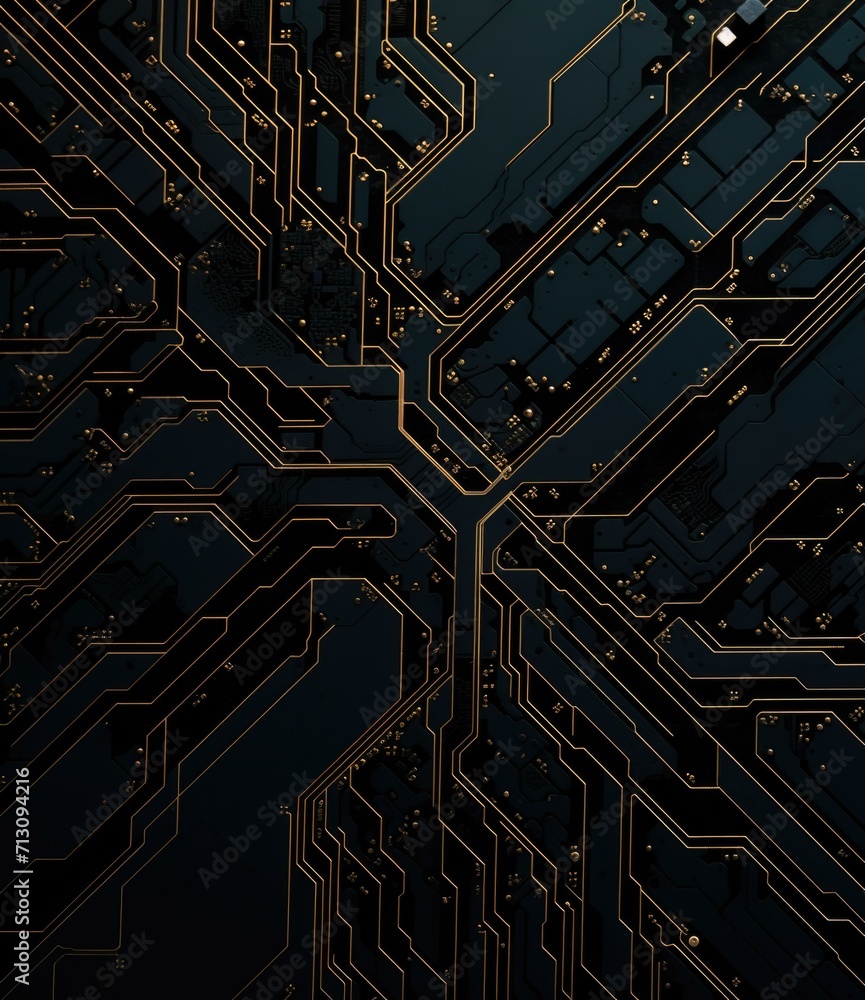 Poster A futuristic circuit board resembling a city's night-time aerial view, with silver traces on a dark slate surface. Generative AI.