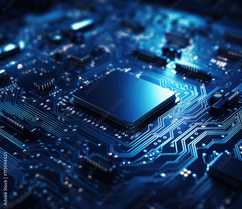 Poster a close-up of a computer chip on a circuit board, pulsing with data. generative ai.